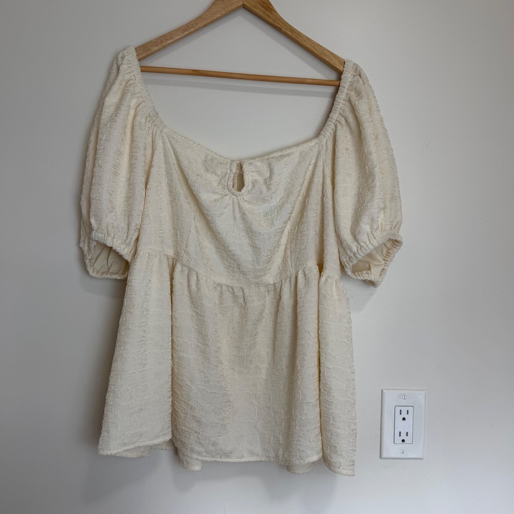Future Collective Puff Sleeve Peplum Top Cream Womens 1X Textured Blouse